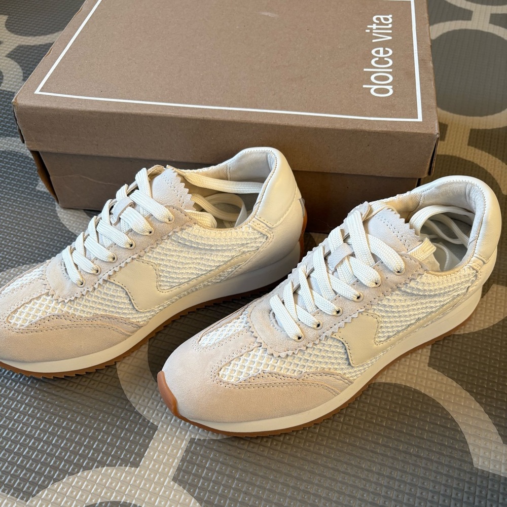 Dolce Vita Cream and Tan Mesh Leather Sneakers